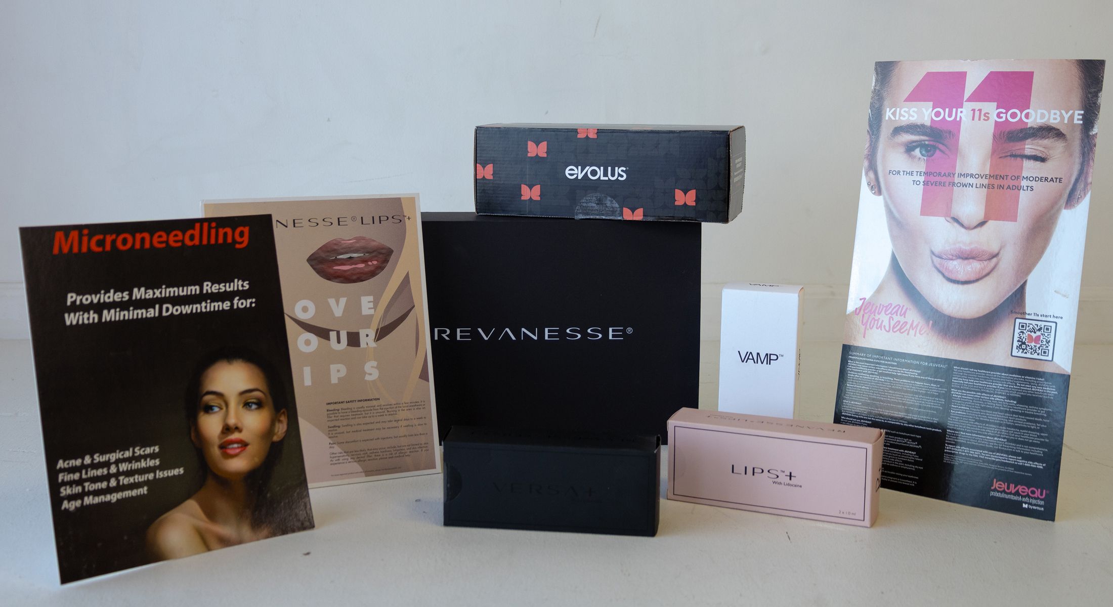 Beauty products and promotional materials on display.